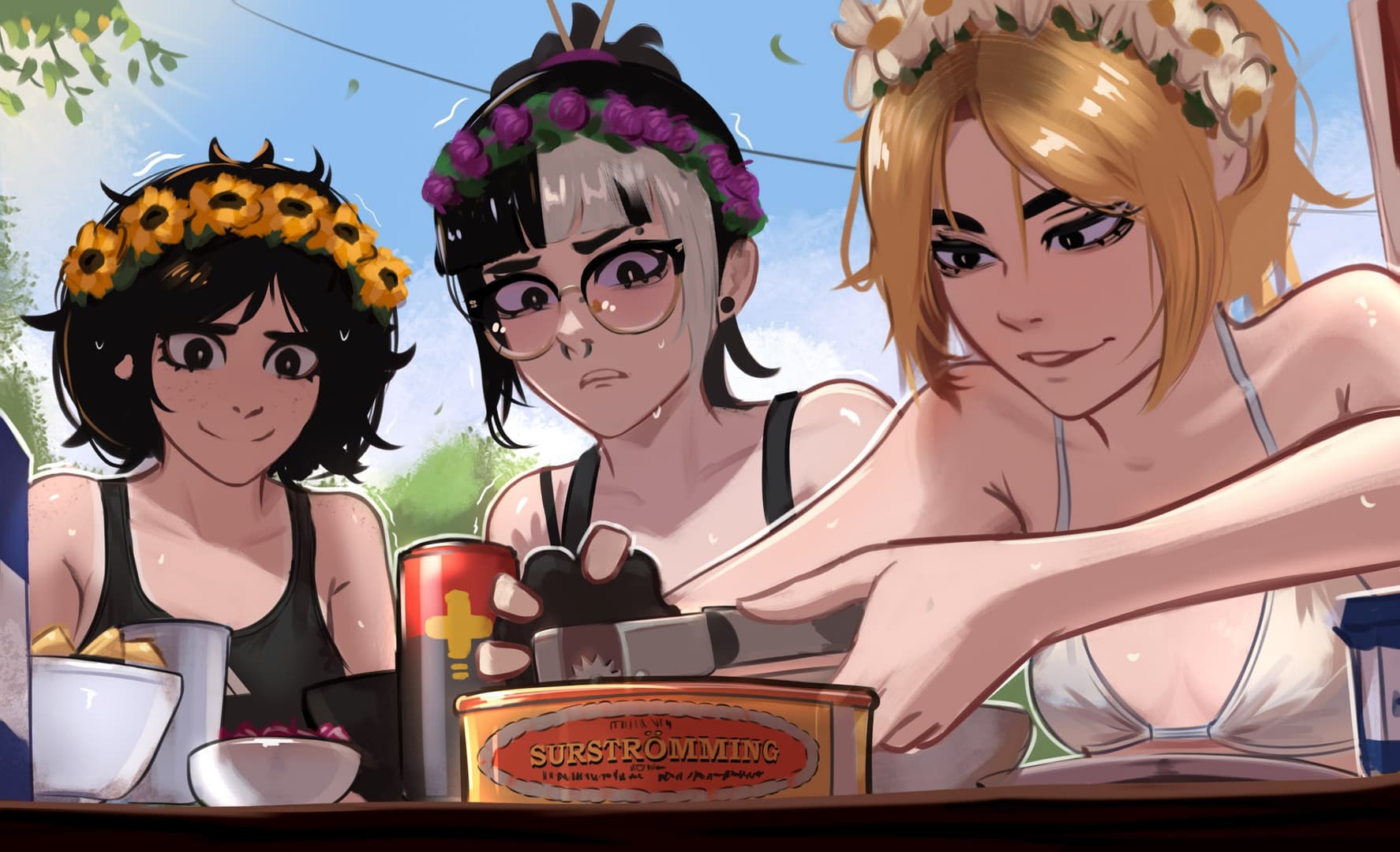 Charakterbild - Three women at outdoor picnic, wearing flower crowns and swimwear, one with glasses looking annoyed