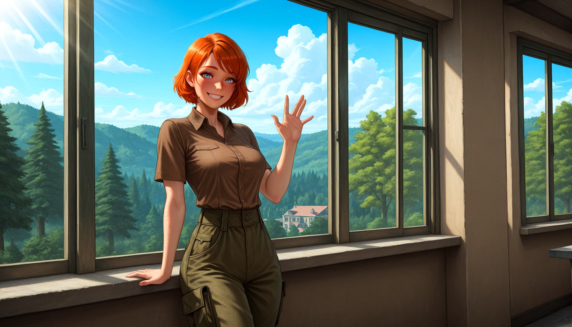 角色图片 - happy expression, waving hand, standing by window, wearing brown shirt and green pants, fully clothe