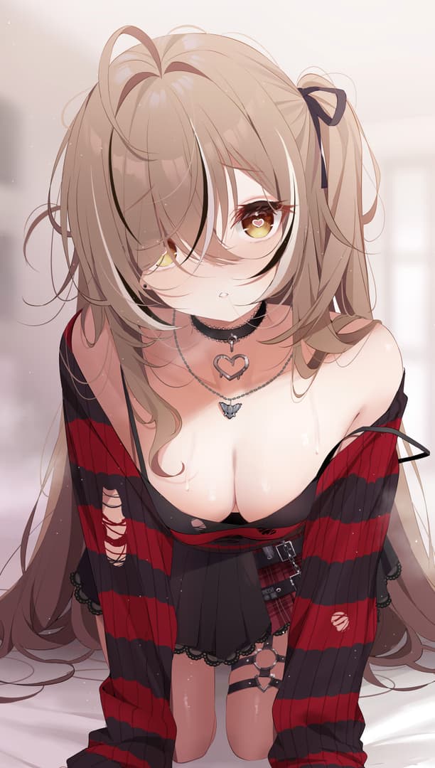 캐릭터 이미지 - kneeling on bed, wearing ripped red and black striped sweater over black lingerie, breasts exposed,