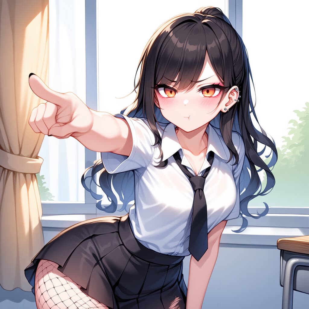 Immagine del personaggio - angry expression, pointing finger, sitting in classroom, school uniform, white shirt and black tie,