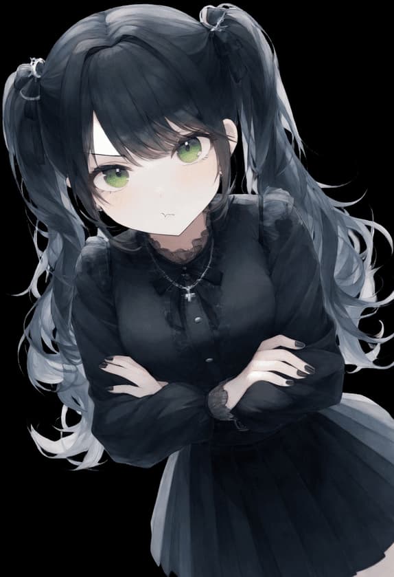 Obraz postaci - angry pout with crossed arms, black gothic dress, green eyes, long dark hair in pigtails, serious ex