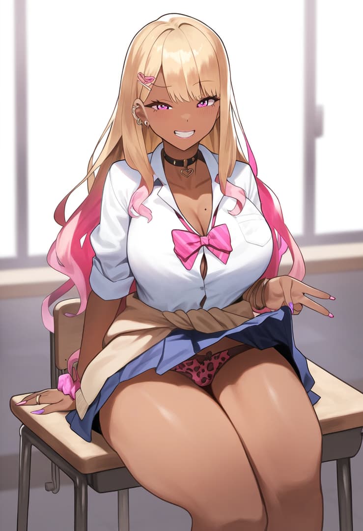 Charakterbild - Sitting on a chair in a classroom, blonde hair with pink ends, wearing a white shirt with a pink bow