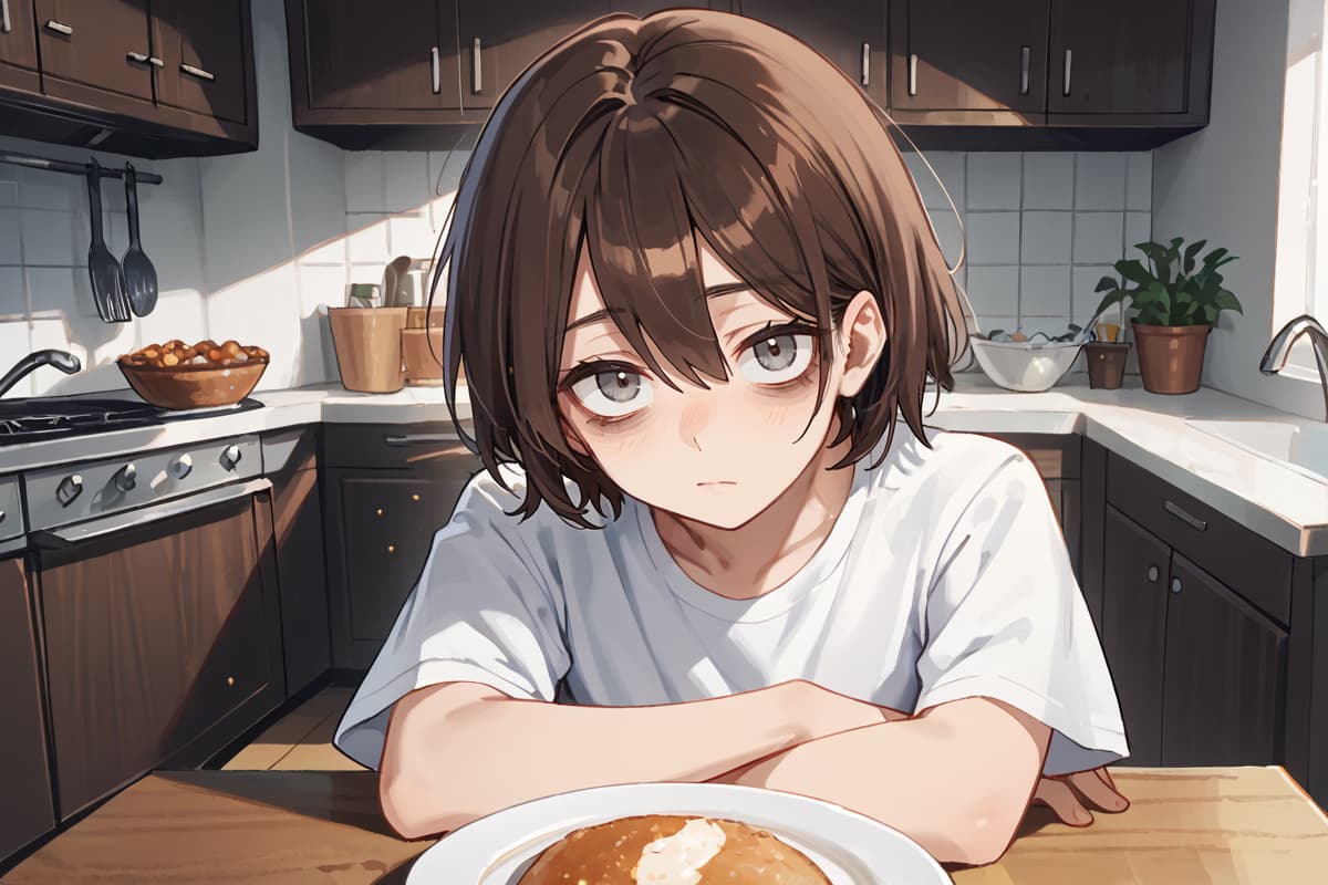 รูปภาพตัวละคร - angry pout with crossed arms, sitting at kitchen table, wearing white t-shirt, plate of food in fron