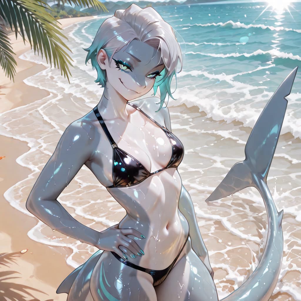 Charakterbild - at beach in black bikini, wet skin, smiling seductively, hands on hips, shark tail visible, playful
