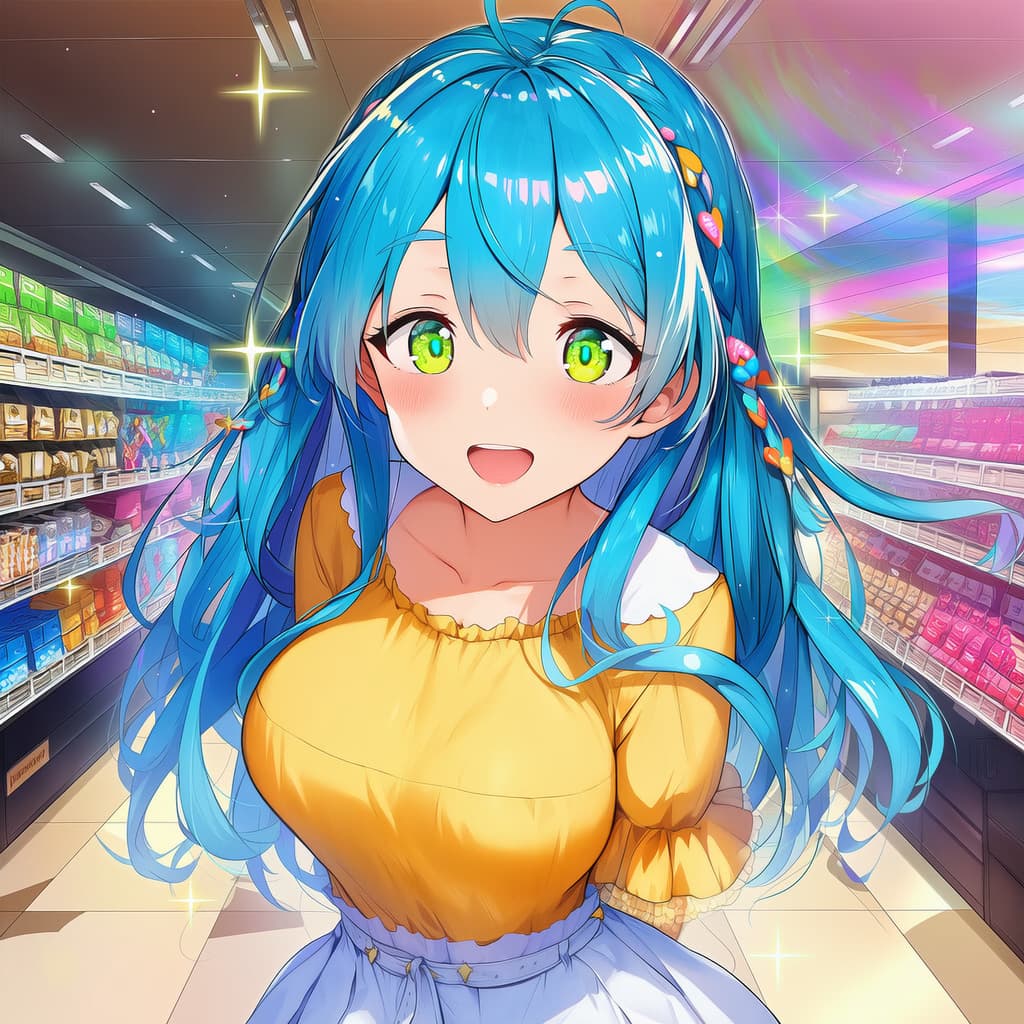 किरदार इमेज - happy expression in supermarket, fully clothed in yellow top and blue skirt, standing in aisle with
