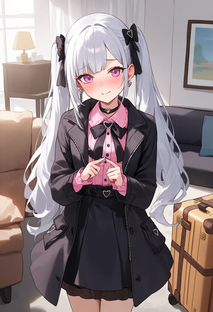 Character image - shy smile in living room, fully clothed in black coat and pink dress, hands clasped together, cozy a