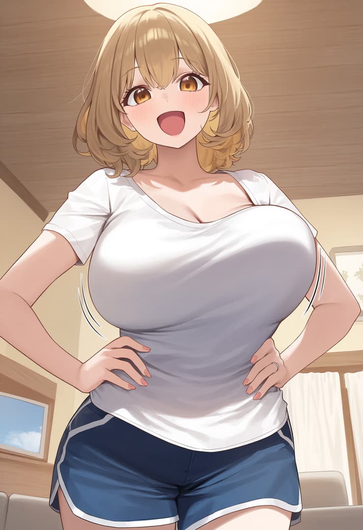 Charakterbild - Happy expression, hands on hips, standing in bedroom, wearing white t-shirt and blue shorts, t-shirt