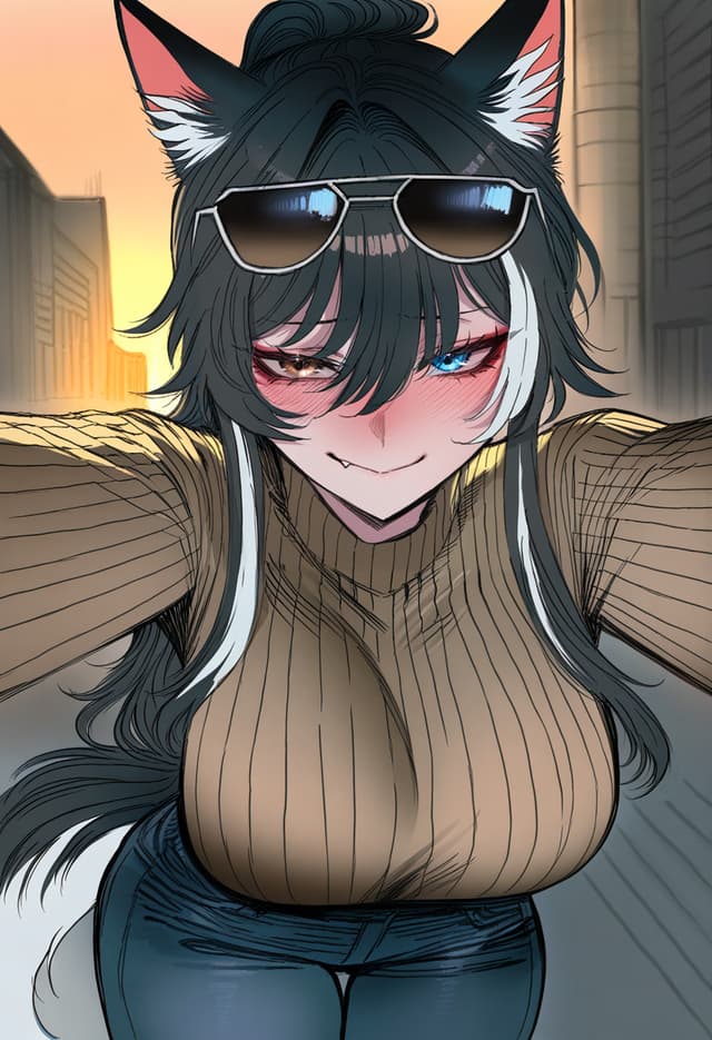 Charakterbild - cat-eared woman in sunglasses, smiling seductively, wearing a tight ribbed sweater and jeans, outdoo