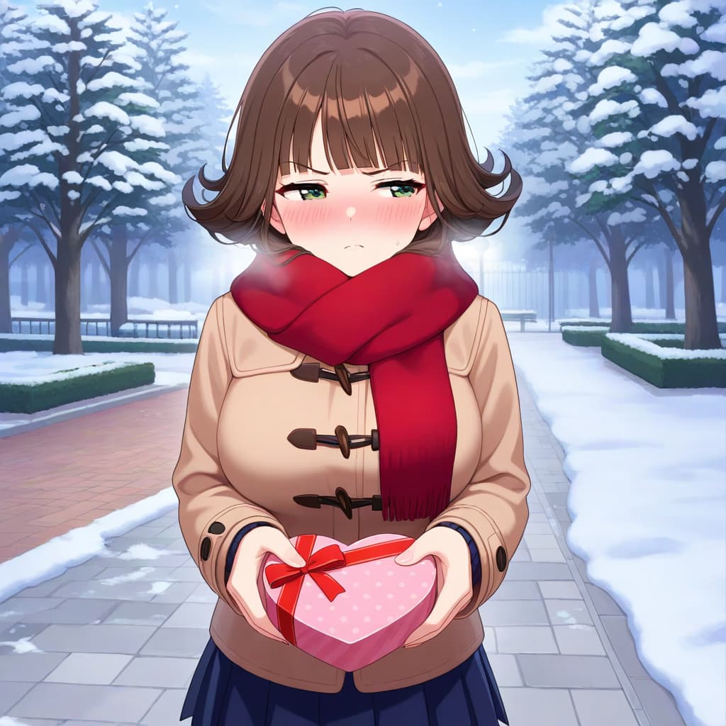 صورة الشخصية - shy blush in snowy park, wearing winter coat and red scarf, holding heart-shaped gift box, looking d