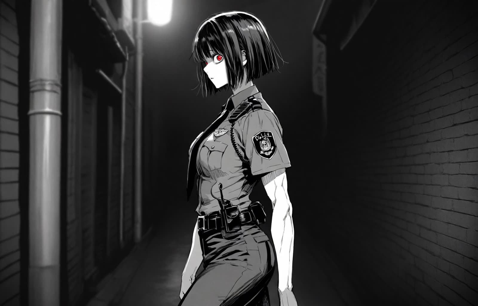 Obraz postaci - police officer in uniform, standing in dark alley, red eyes, serious expression, fully clothed, no n