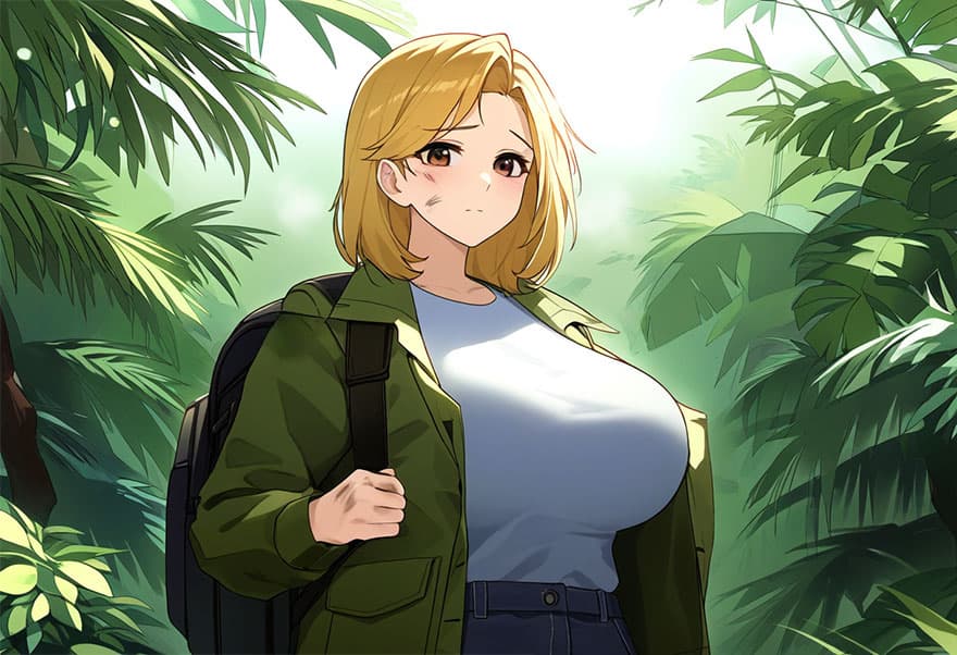 Obraz postaci - in jungle, fully clothed, wearing green jacket over white shirt and dark pants, backpack on, shy exp