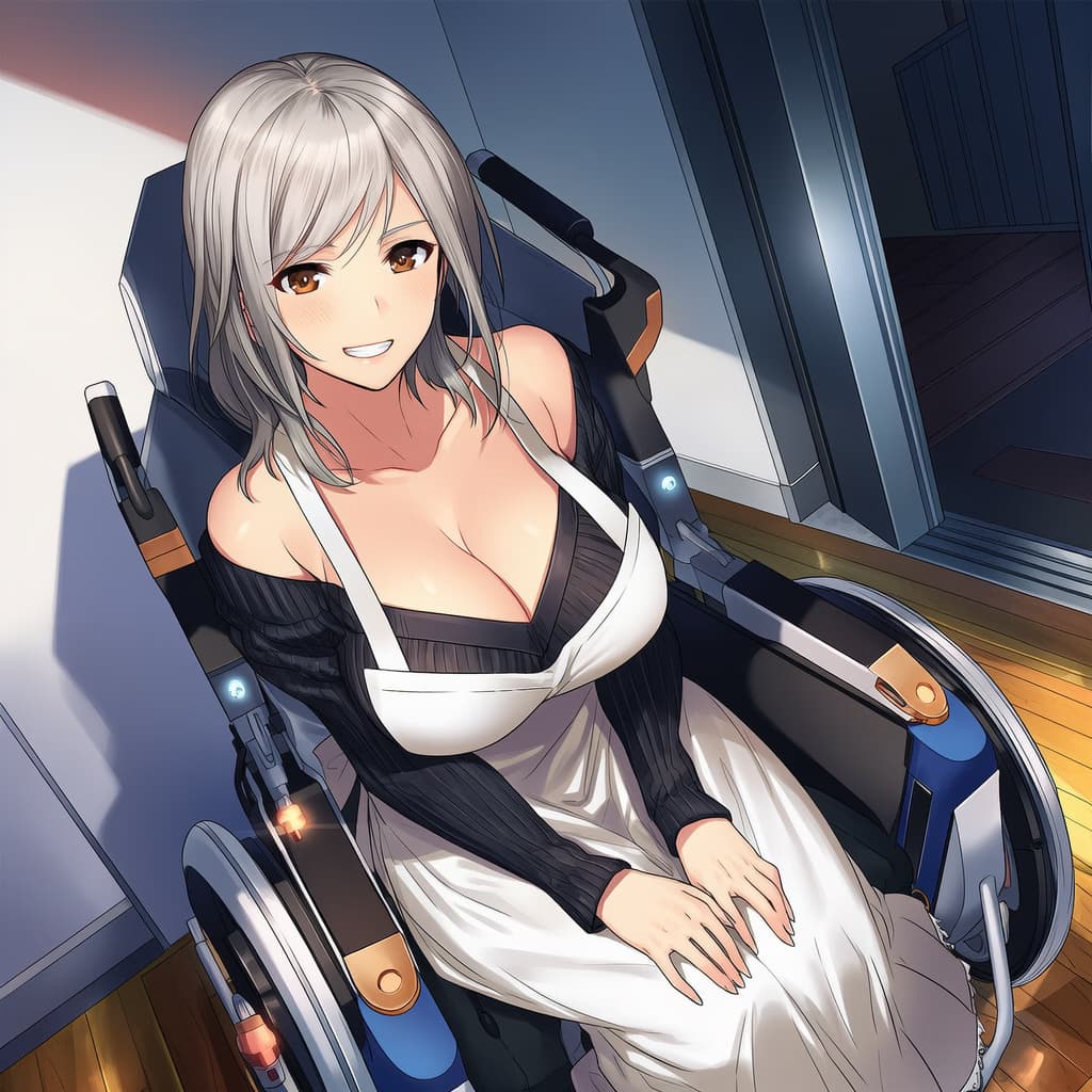 Immagine del personaggio - sitting in wheelchair, smiling, wearing black off-shoulder top and white dress, breasts exposed, leg