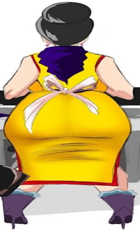 Charakterbild - sitting, wearing a yellow dress with red trim and a large white bow at the back, black hair in a bun