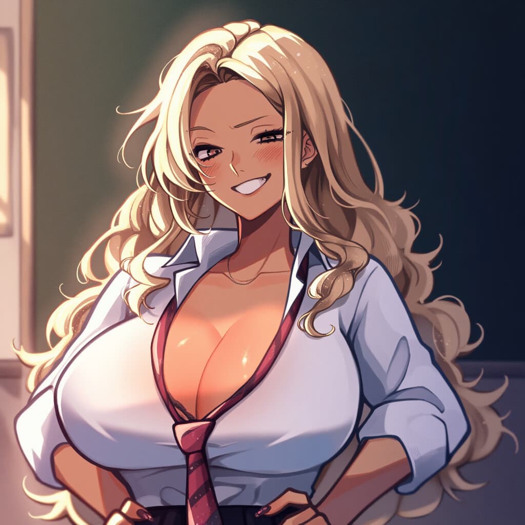 Karakter görseli - seductive smile, blonde hair, wearing unbuttoned white shirt and tie, breasts exposed, hands on hips