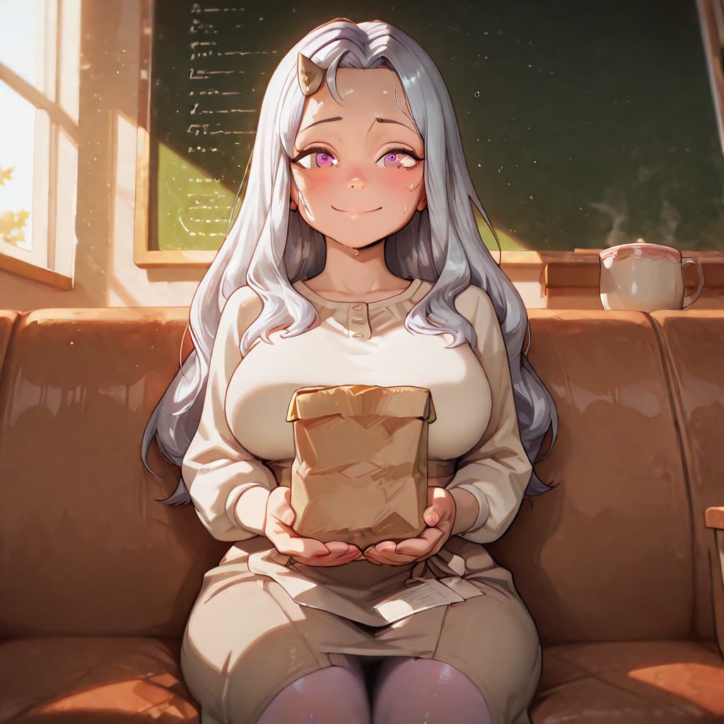 Karakter görseli - sitting on couch, holding paper bag, smiling happily, wearing long-sleeved dress, cozy cafe setting,