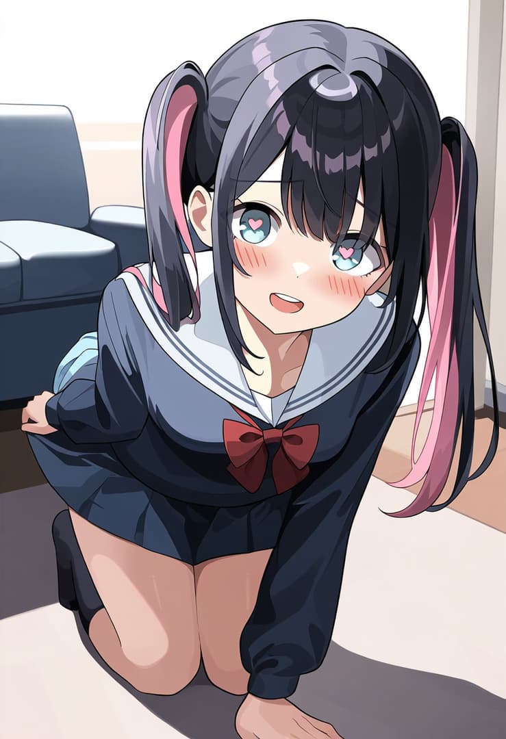 Charakterbild - kneeling on floor, wearing sailor uniform with red bow, black hair with pink highlights in twin tail