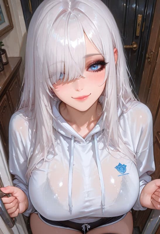 Imagen del personaje - wet white hoodie clinging to large breasts, standing in doorway, seductive expression, legs slightly