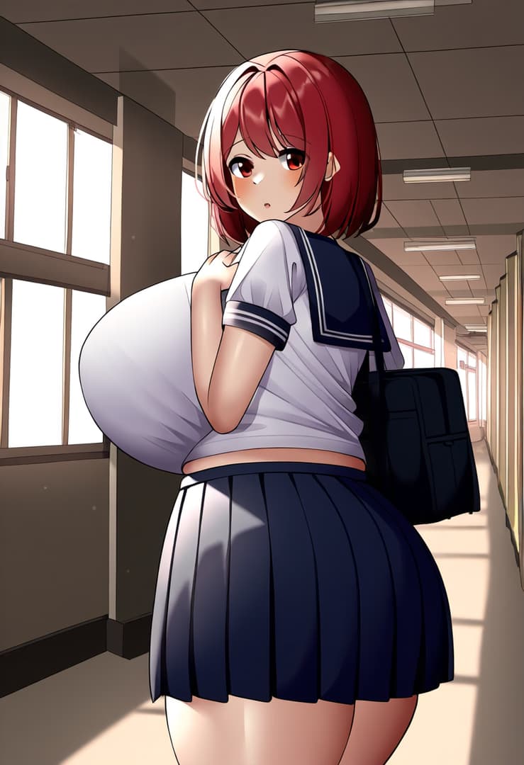 Karakter görseli - shy expression in school hallway, wearing school uniform with large breasts visible under tight shir