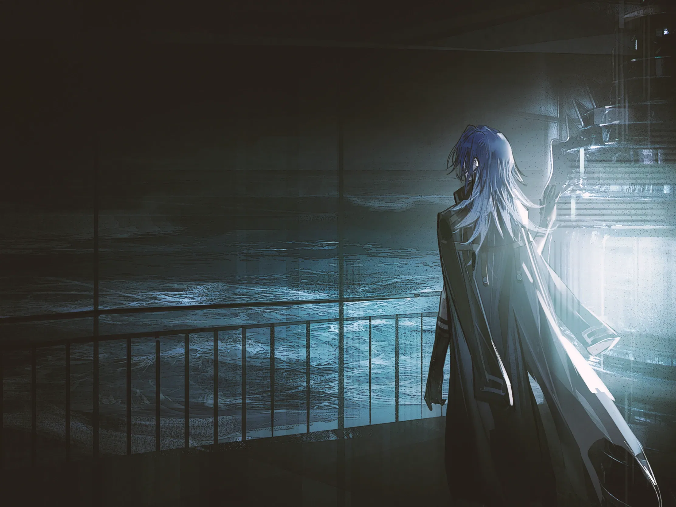 Character image - standing on balcony, long blue hair, back turned, looking out at ocean, wearing long coat, dark and