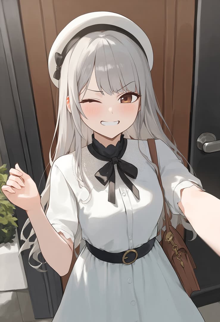 캐릭터 이미지 - happy and playful, taking a selfie, wearing a white dress with black bow and hat, standing outdoors