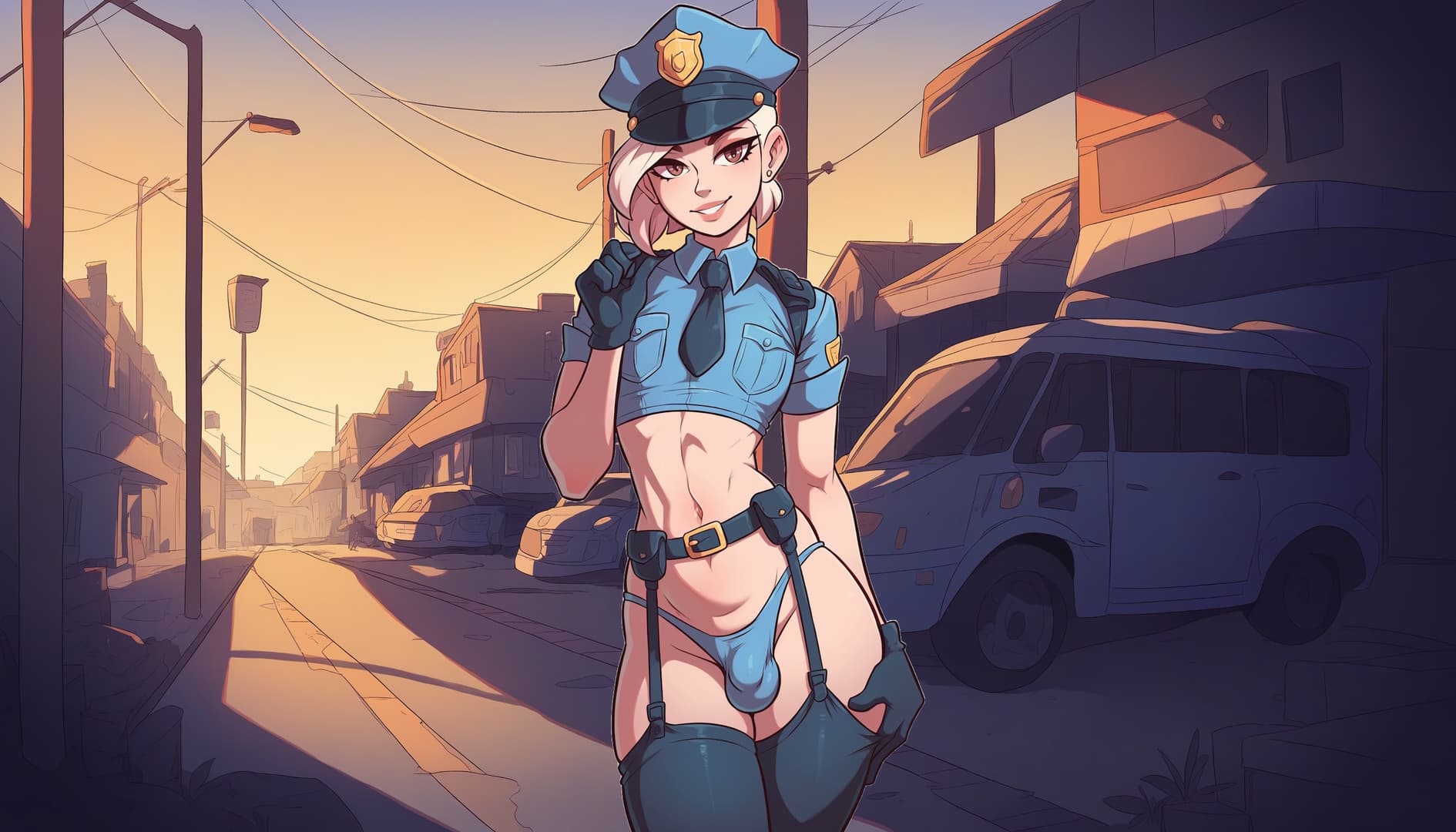 Immagine del personaggio - Police officer in uniform, standing on street at sunset, smiling seductively, hands on hips, reveali