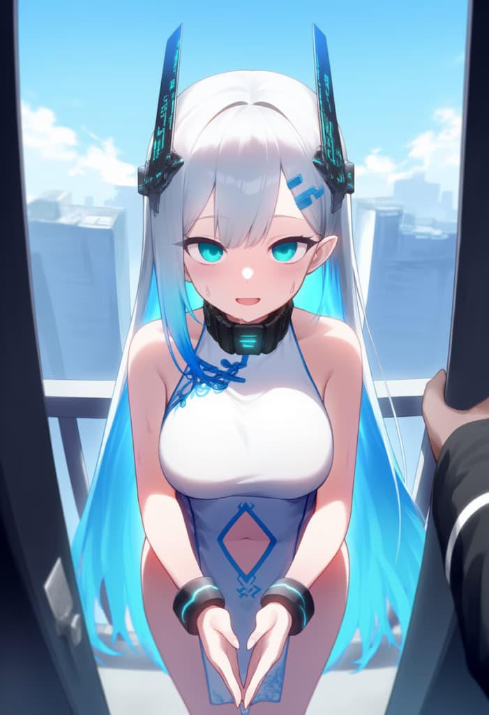 캐릭터 이미지 - sitting on floor, legs spread, hands clasped, wearing white top and blue skirt, blue hair, cyberneti