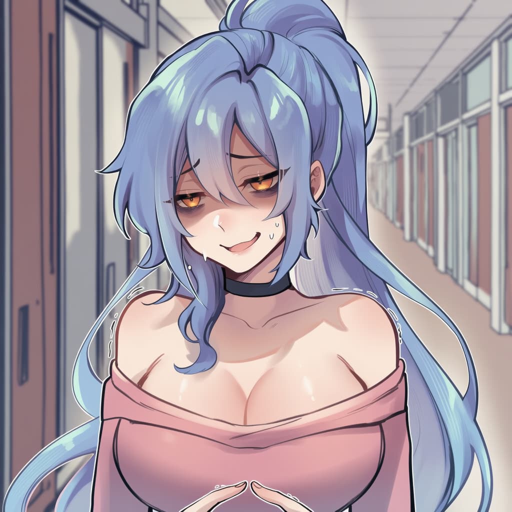 Imagem do personagem - topless in hallway, blue hair in high ponytail, wearing pink off-shoulder top pulled down, blushing