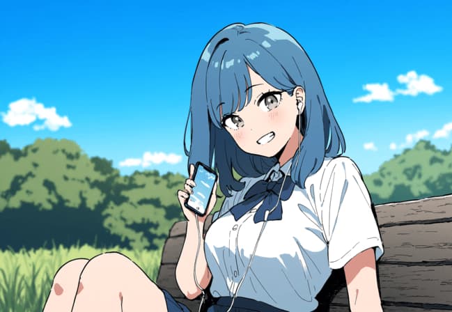 किरदार इमेज - sitting outdoors on a bench, blue-haired girl in school uniform, holding phone with earphones, smili