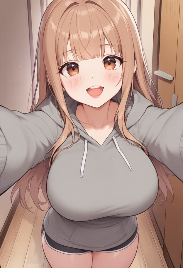 Karakter görseli - happy expression, taking selfie, wearing grey hoodie and shorts, standing in hallway, breasts visibl