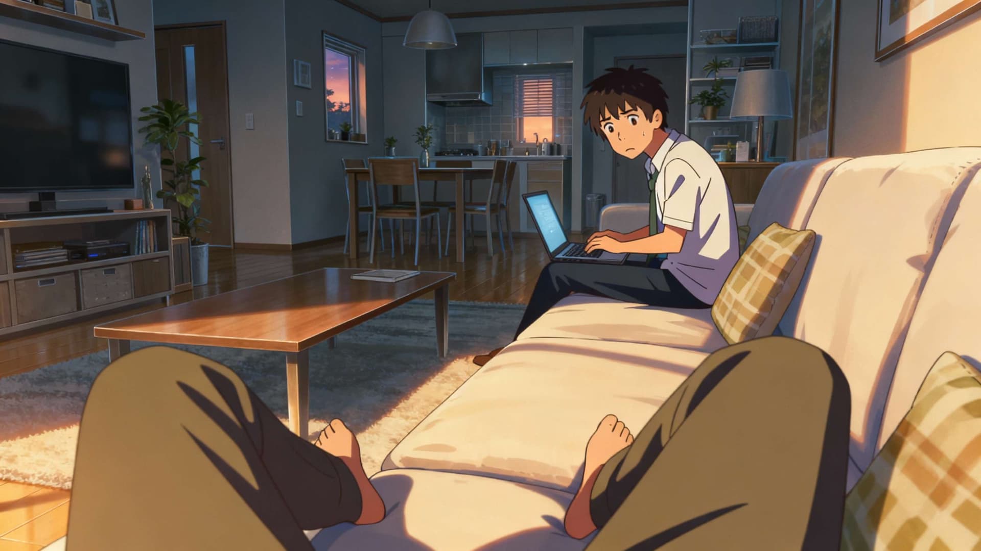 Imagen del personaje - sitting on couch, using laptop, anxious expression, wearing school uniform, in living room, legs spr