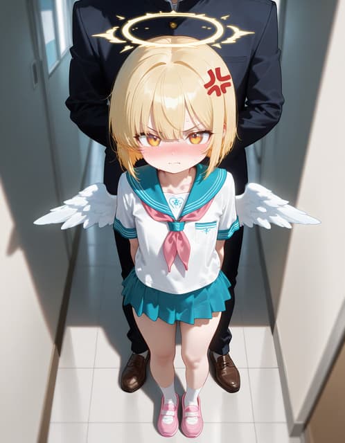 รูปภาพตัวละคร - angry pout with glowing halo and wings, standing in hallway behind a man in suit, wearing school uni