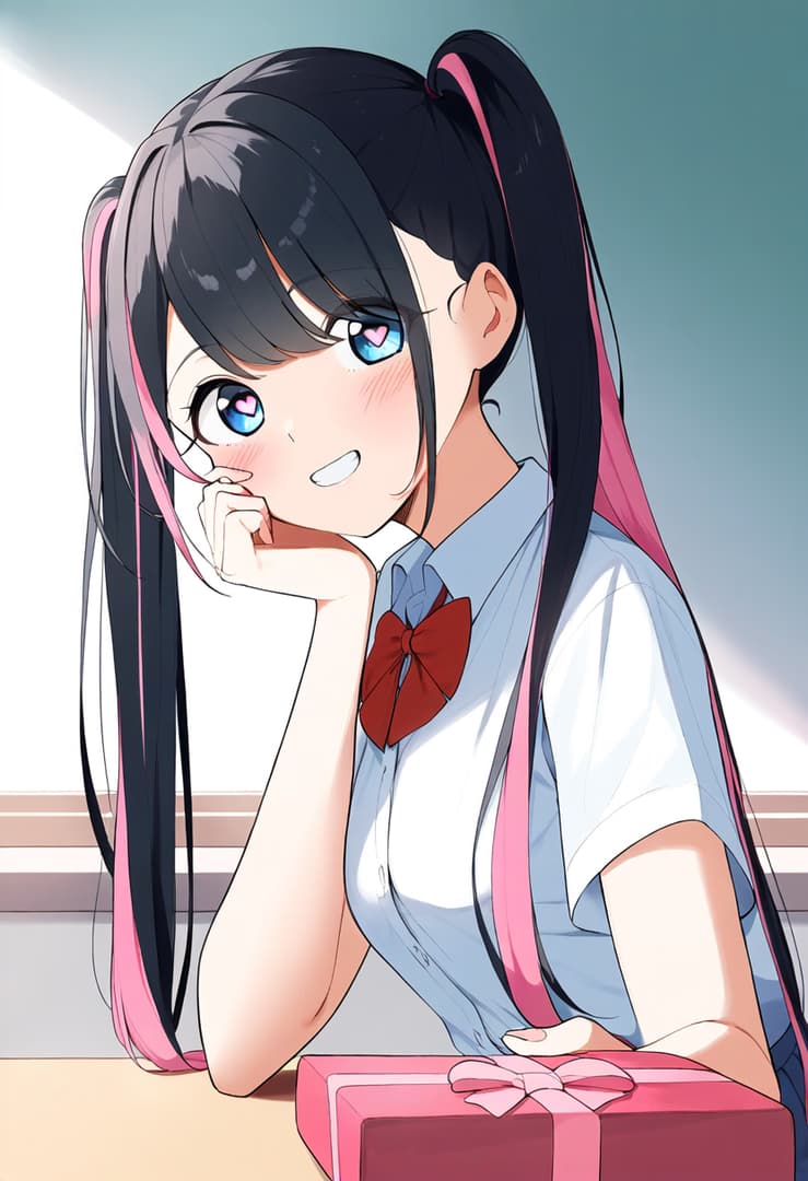 Charakterbild - happy and shy expression, sitting at a table, wearing a school uniform with a red bow tie, black hai
