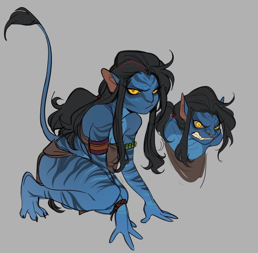 Immagine del personaggio - blue-skinned Na'vi character in crouched pose, intense yellow-eyed expression, long dark hair, tail