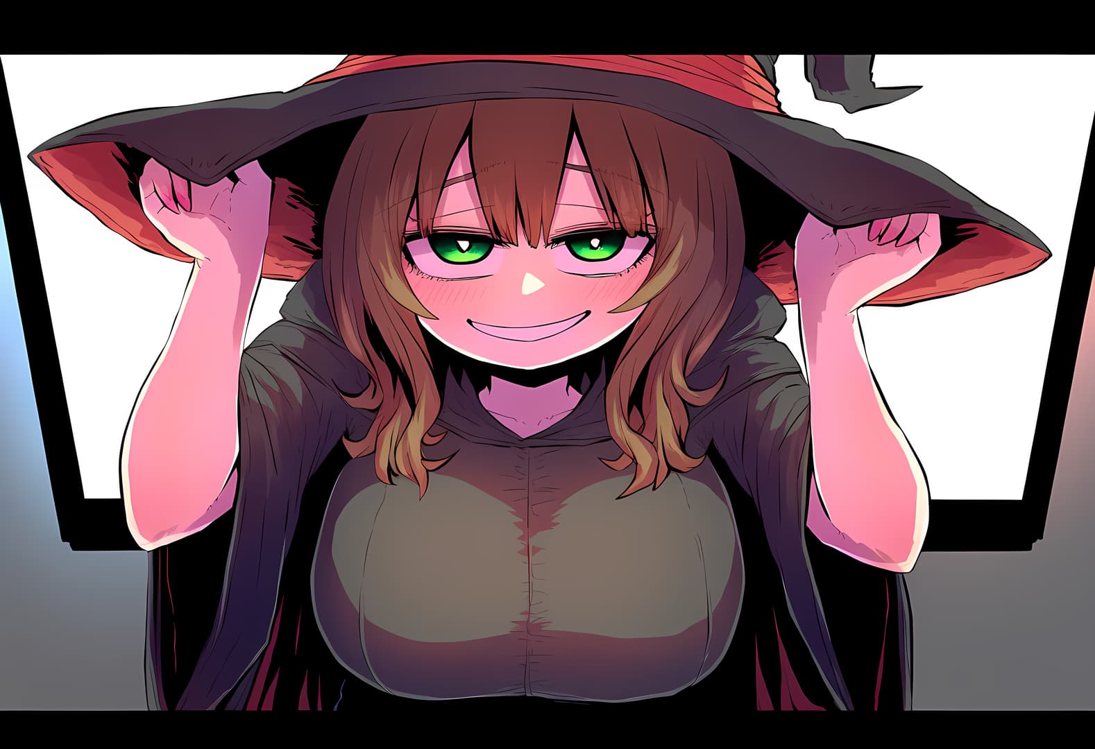 Immagine del personaggio - Witch character in dark cloak and hat, holding brim with both hands, green eyes, mischievous smile,