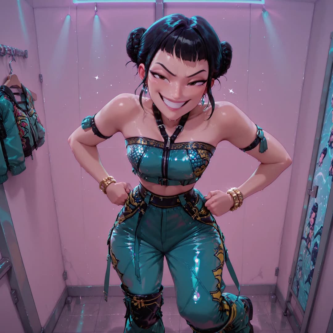 Character image - confident smile in dressing room, fully clothed in shiny teal outfit with gold accents, hands on hip