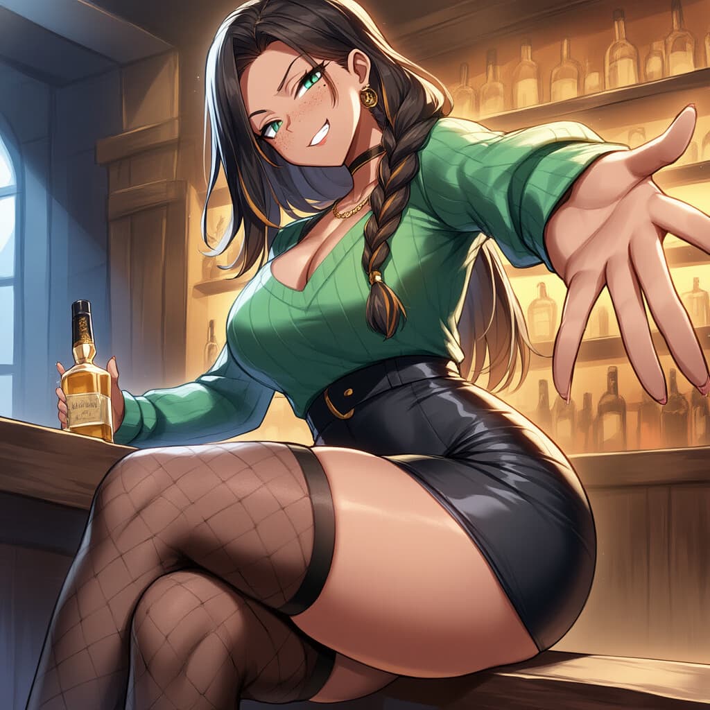 캐릭터 이미지 - sitting at bar, legs spread, holding whiskey bottle, wearing green top and black leather skirt, fish