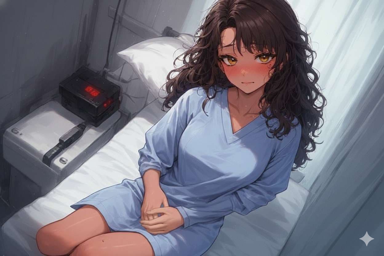 Charakterbild - sitting on hospital bed, wearing blue hospital gown, legs slightly spread, blushing face, seductive