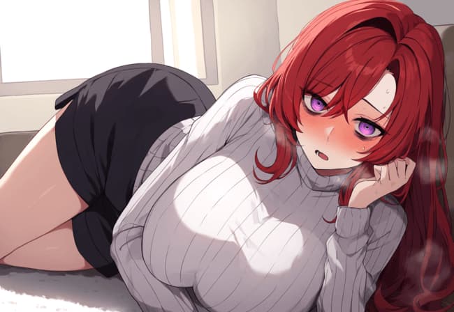 รูปภาพตัวละคร - lying on stomach, red hair, wearing white ribbed turtleneck and black skirt, breasts visible, blushi