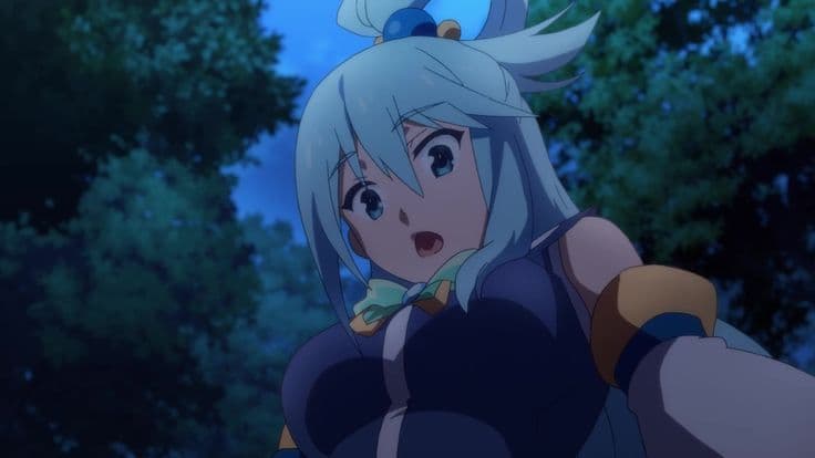 Immagine del personaggio - surprised expression, light blue hair, outdoor at night, wearing dark outfit with armor-like details