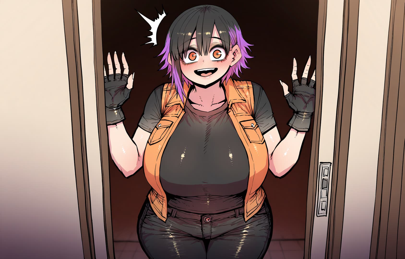 Charakterbild - standing in doorway, hands raised with claws, excited expression, wearing orange vest over black shi