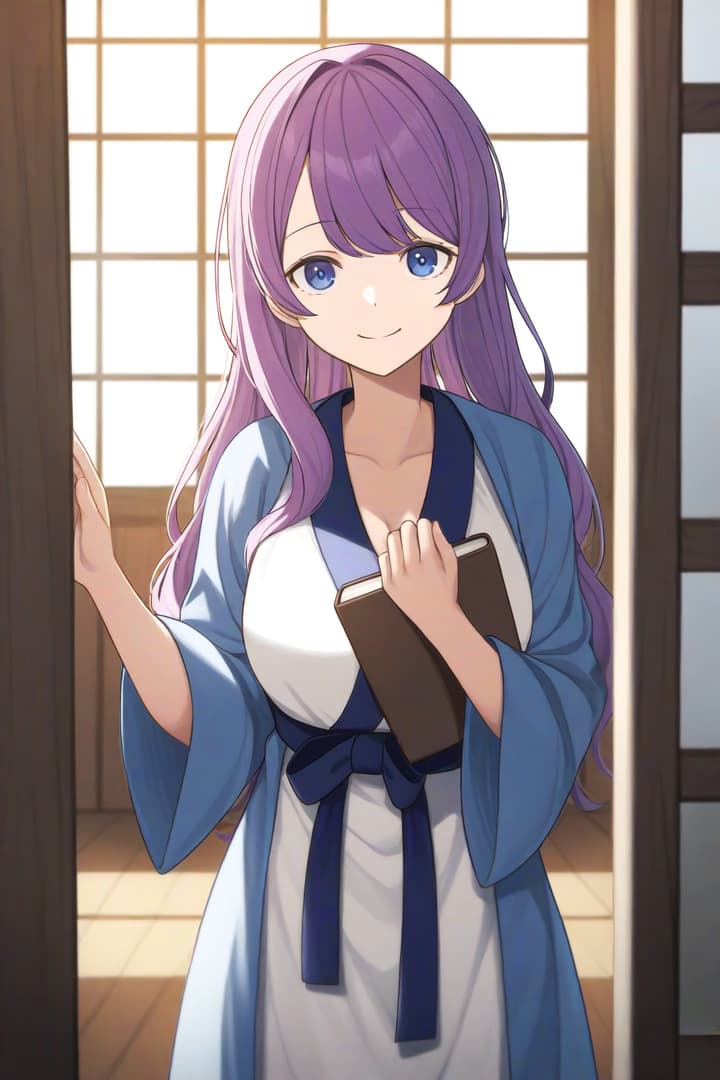 Immagine del personaggio - happy smile in traditional room, wearing blue and white robe, holding book, standing in doorway
