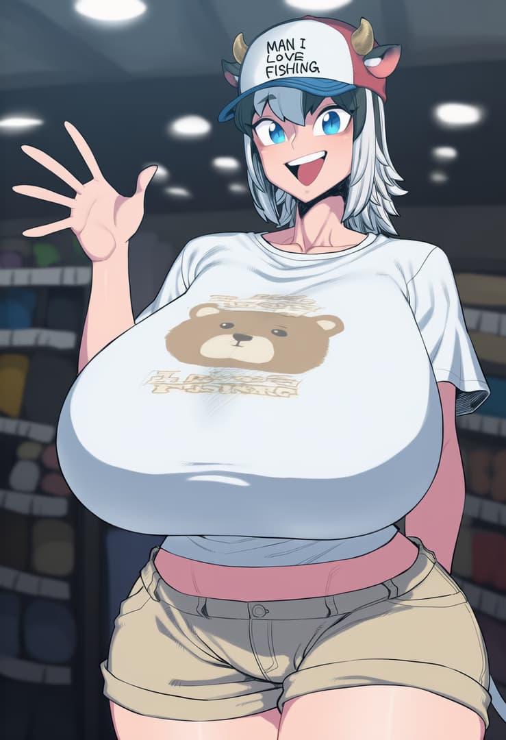 Charakterbild - Happy and playful, waving hand, wearing white t-shirt with bear graphic and "MAN I LOVE FISHING" hat
