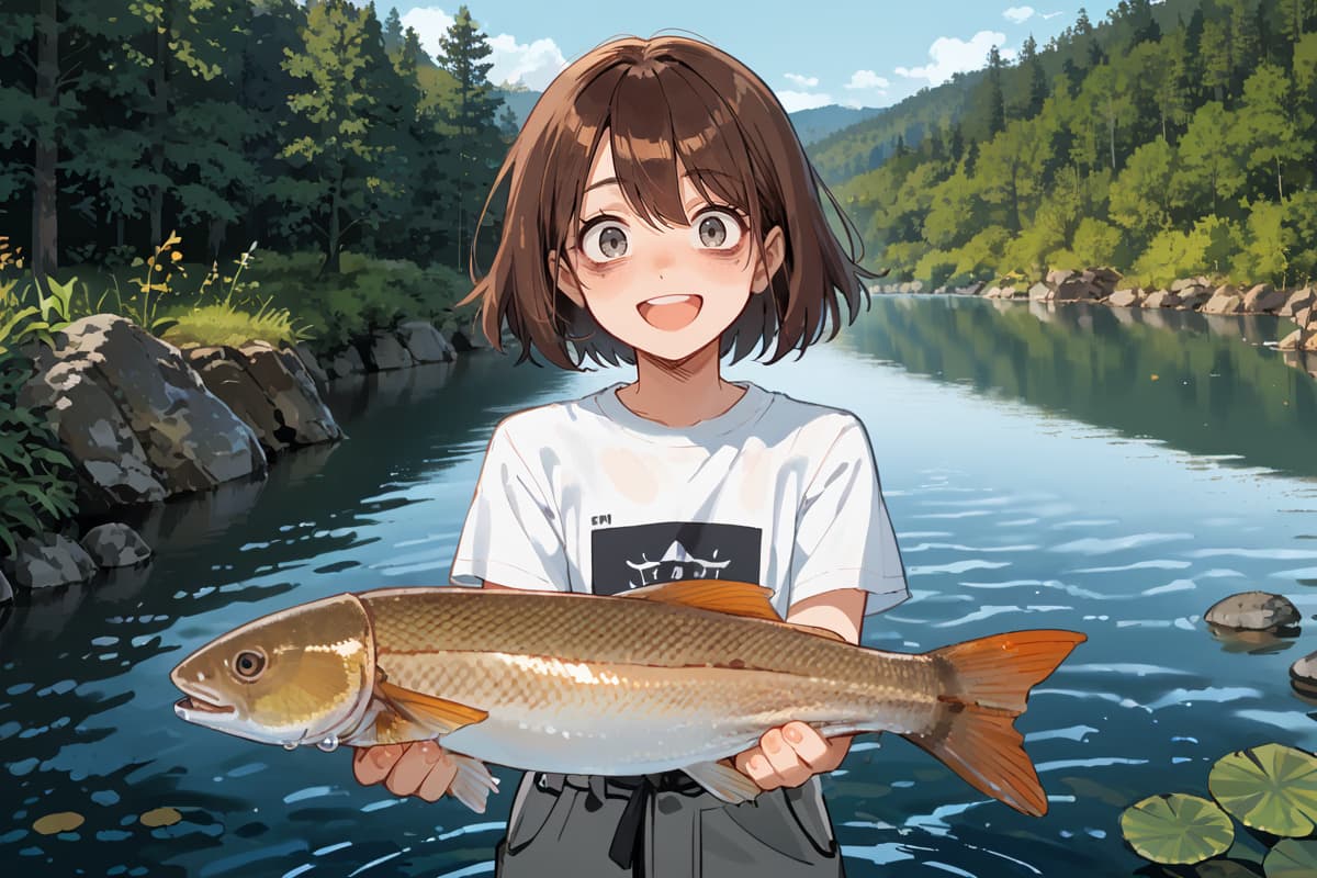 รูปภาพตัวละคร - happy expression, holding a large fish, standing in a river, wearing a white t-shirt and pants, outd