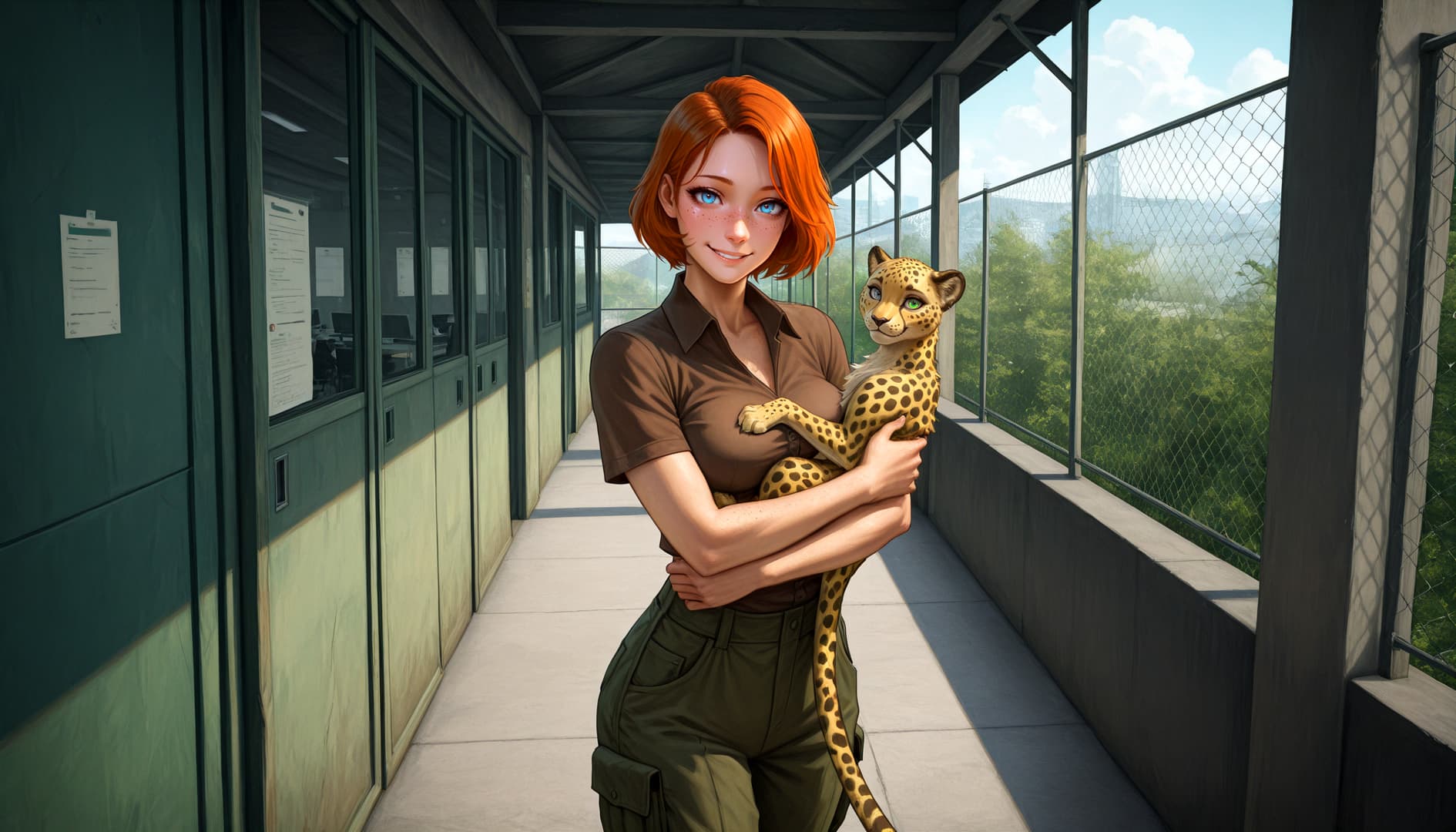 角色图片 - happy expression, holding a cheetah cub, standing in a zoo corridor, fully clothed in brown shirt an