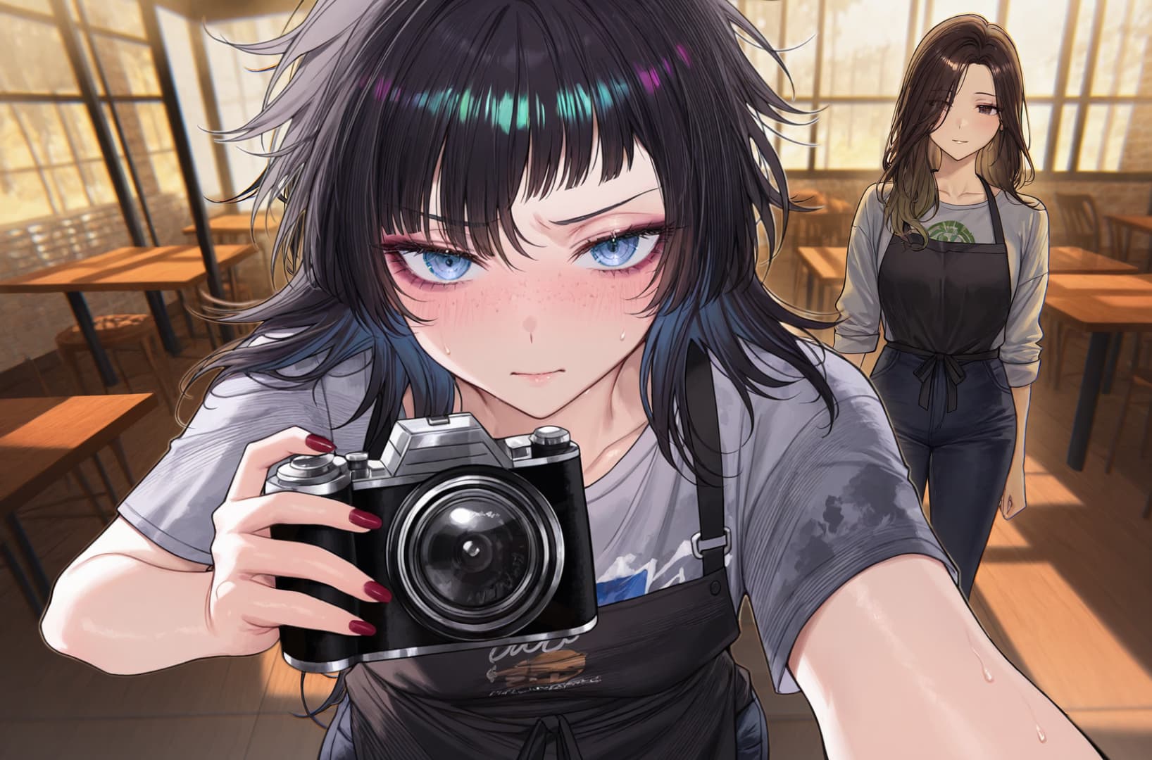 Immagine del personaggio - angry expression in cafe, holding camera, fully clothed, sweat dripping, intense gaze
