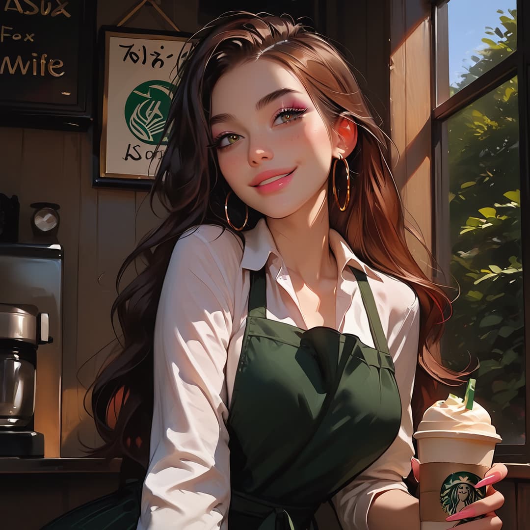 Image du personnage - smiling in cafe, wearing white shirt and green apron, holding Starbucks drink, warm sunlight, cozy a