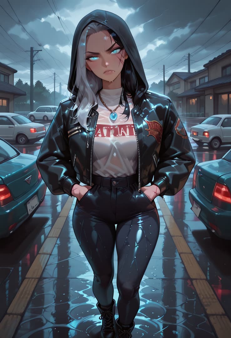 Karakter görseli - angry expression, standing in rain, hands in pockets, fully clothed in black leather jacket and pant
