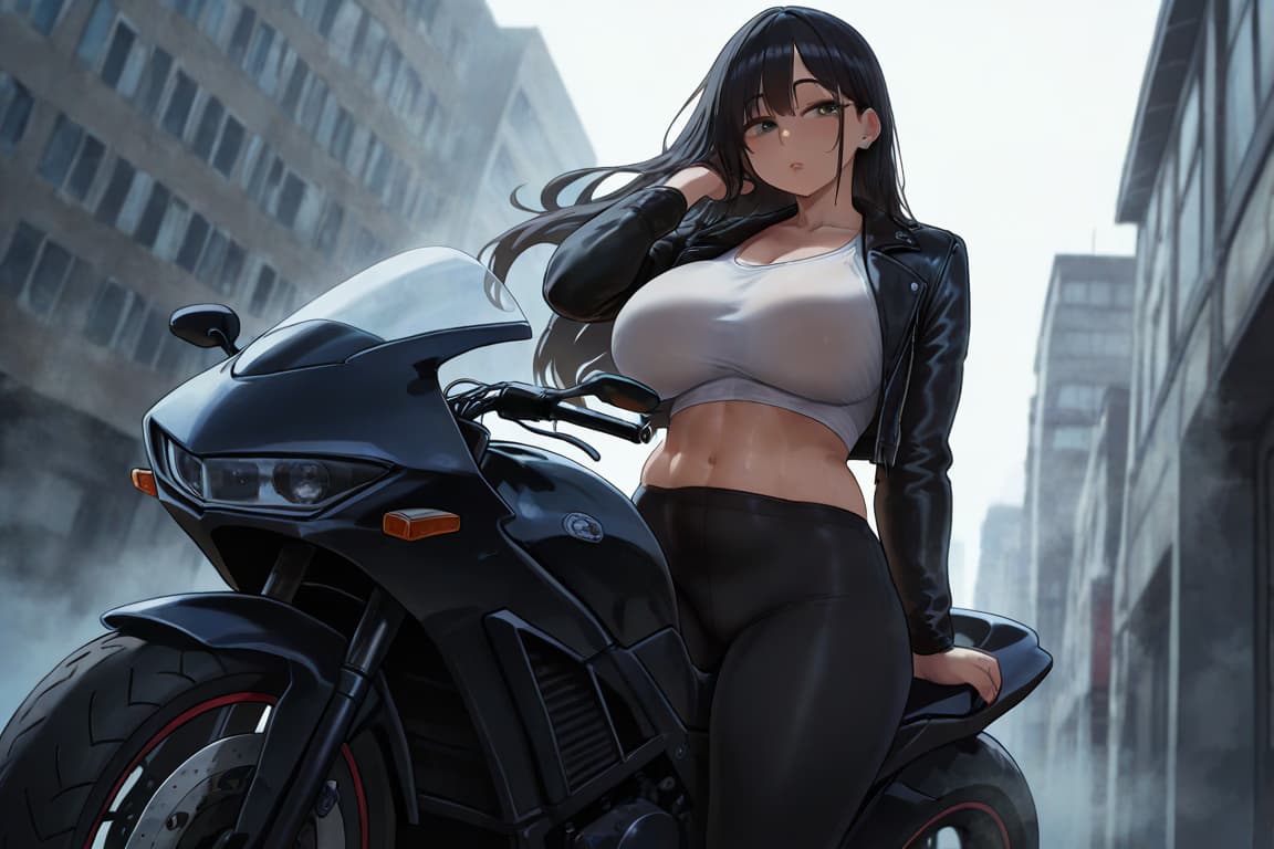 Immagine del personaggio - sitting on black motorcycle, leaning back with hand on head, wearing white crop top and black leathe