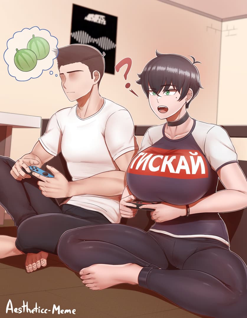 Obraz postaci - Two people sitting on floor playing video games, one with green eyes looking confused with question