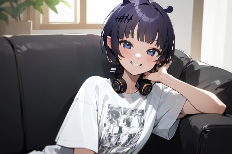 รูปภาพตัวละคร - happy and relaxed, sitting on black couch, wearing white t-shirt with graphic print, headphones arou